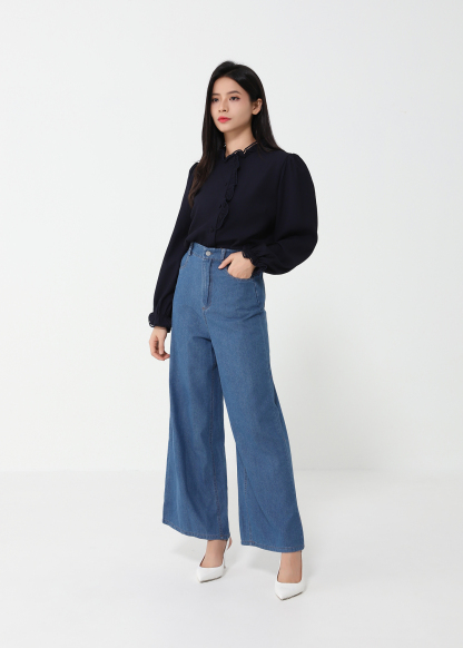Ruffles Blouse With Denim Long Pants Set 47809