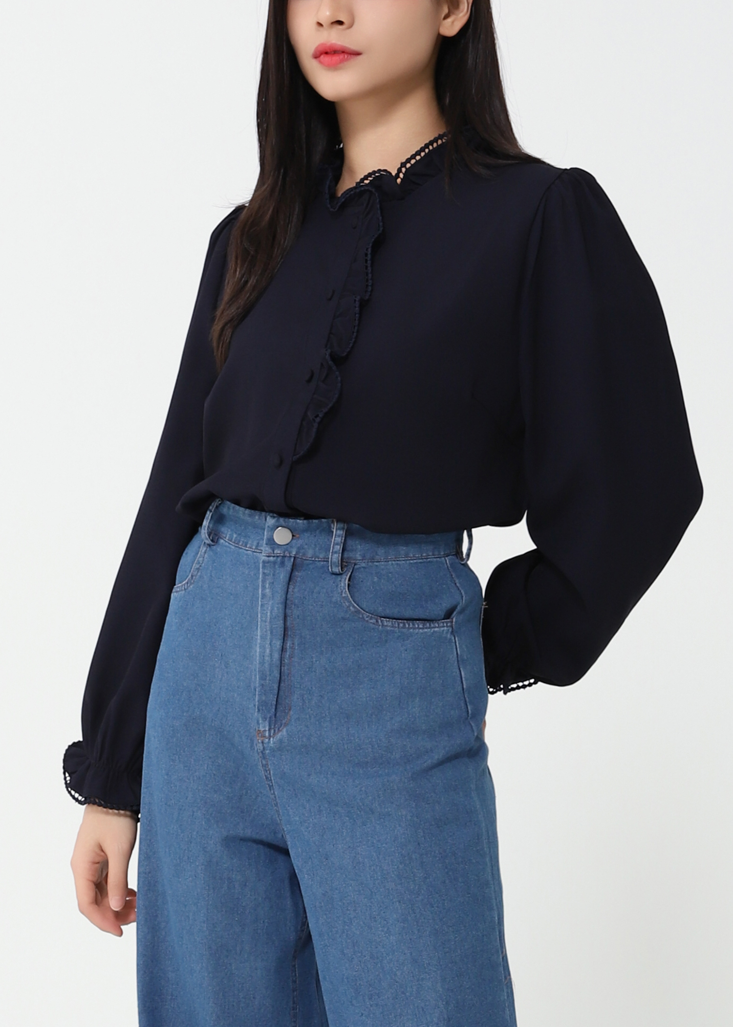 Ruffles Blouse With Denim Long Pants Set 47809