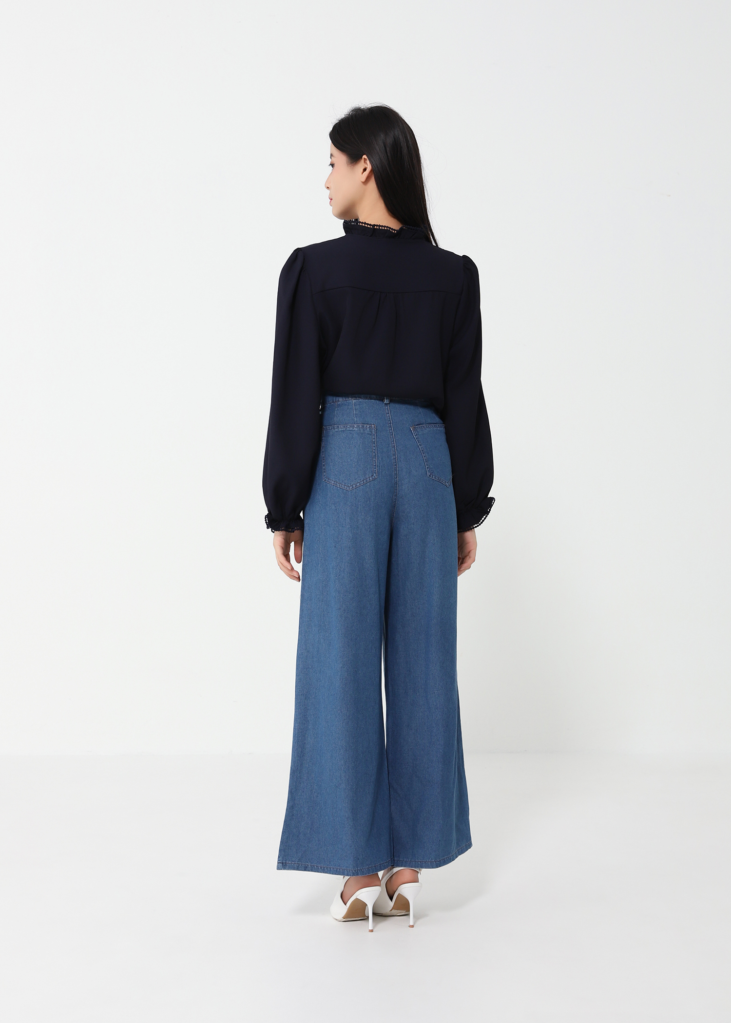 Ruffles Blouse With Denim Long Pants Set 47809