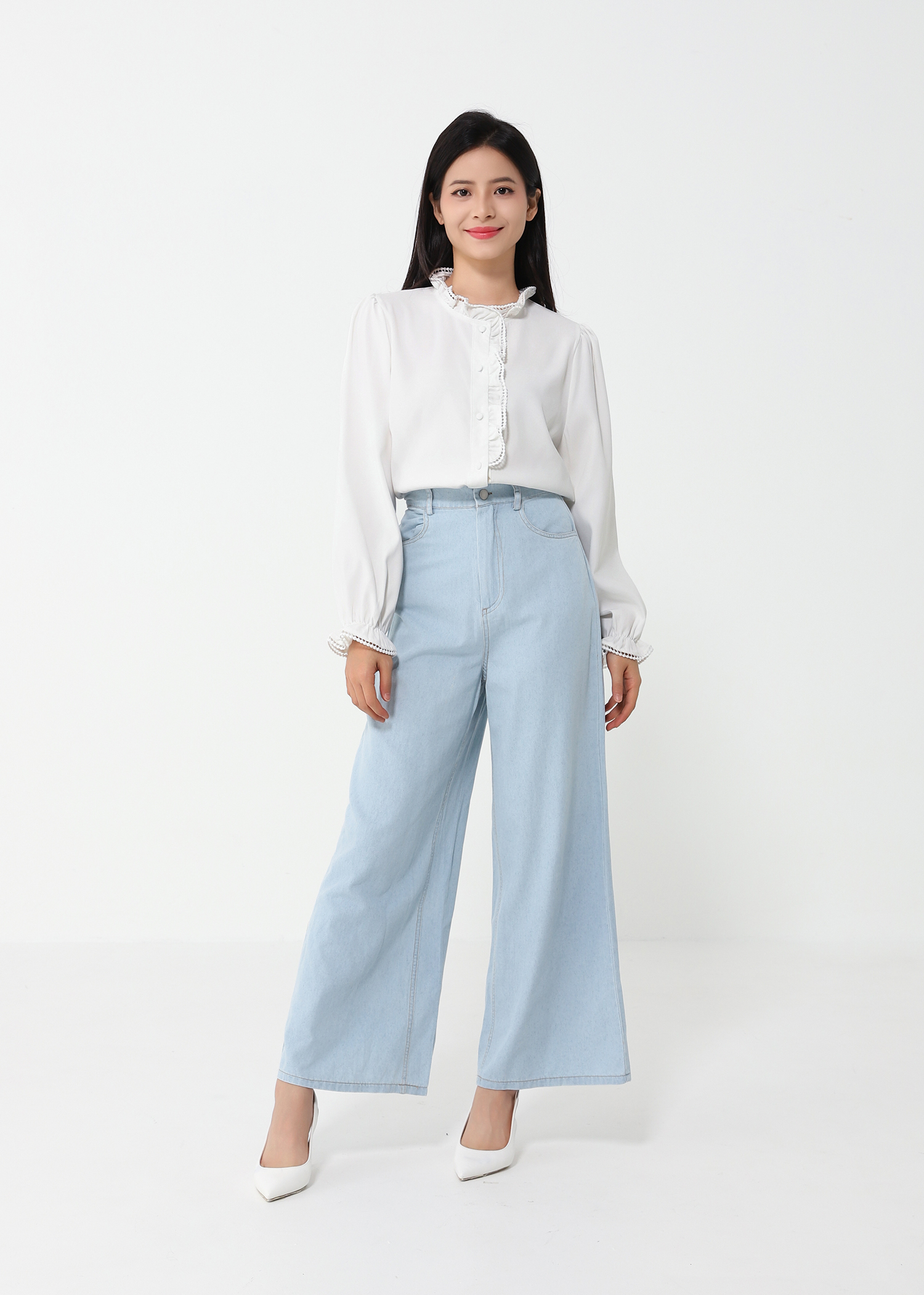 Ruffles Blouse With Denim Long Pants Set 47809