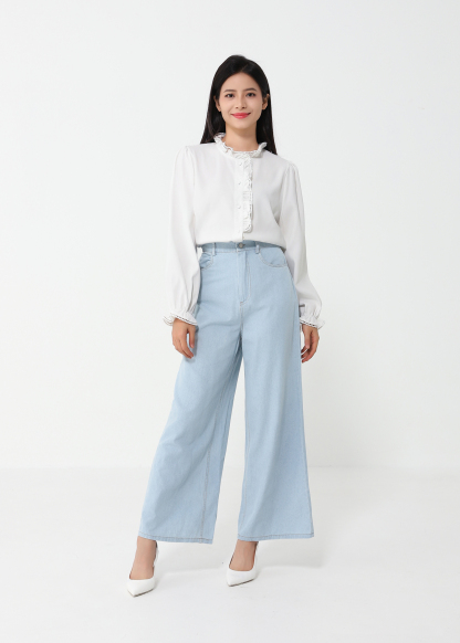 Ruffles Blouse With Denim Long Pants Set 47809