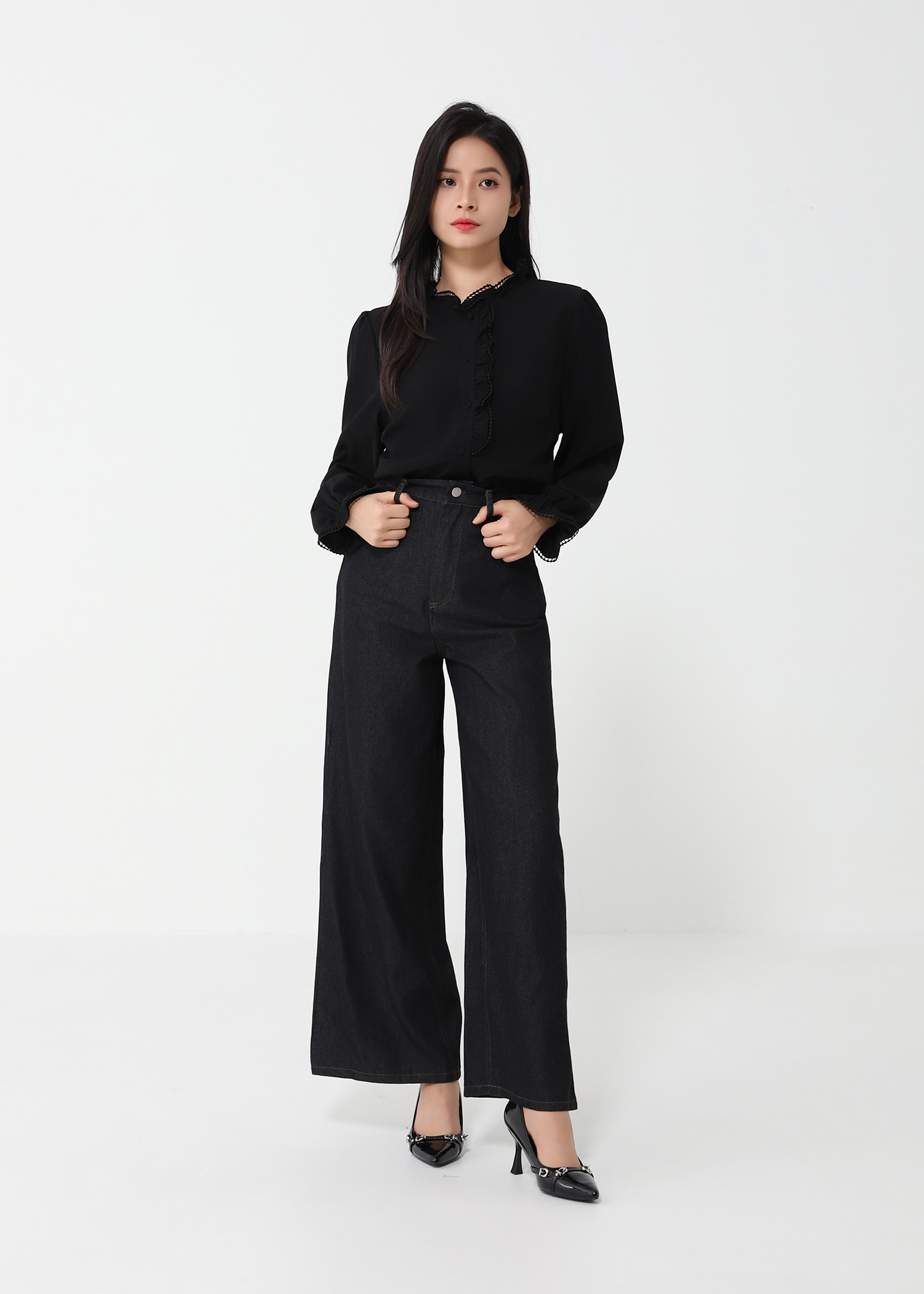 Ruffles Blouse With Denim Long Pants Set 47809