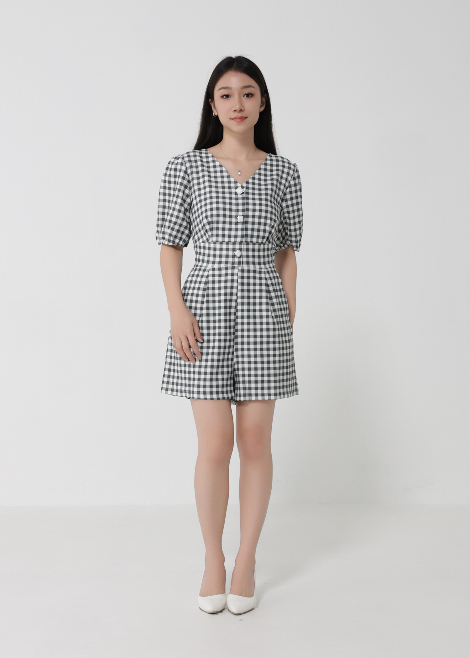 V Neckpuff Sleeve Checker Jumpsuit 23399