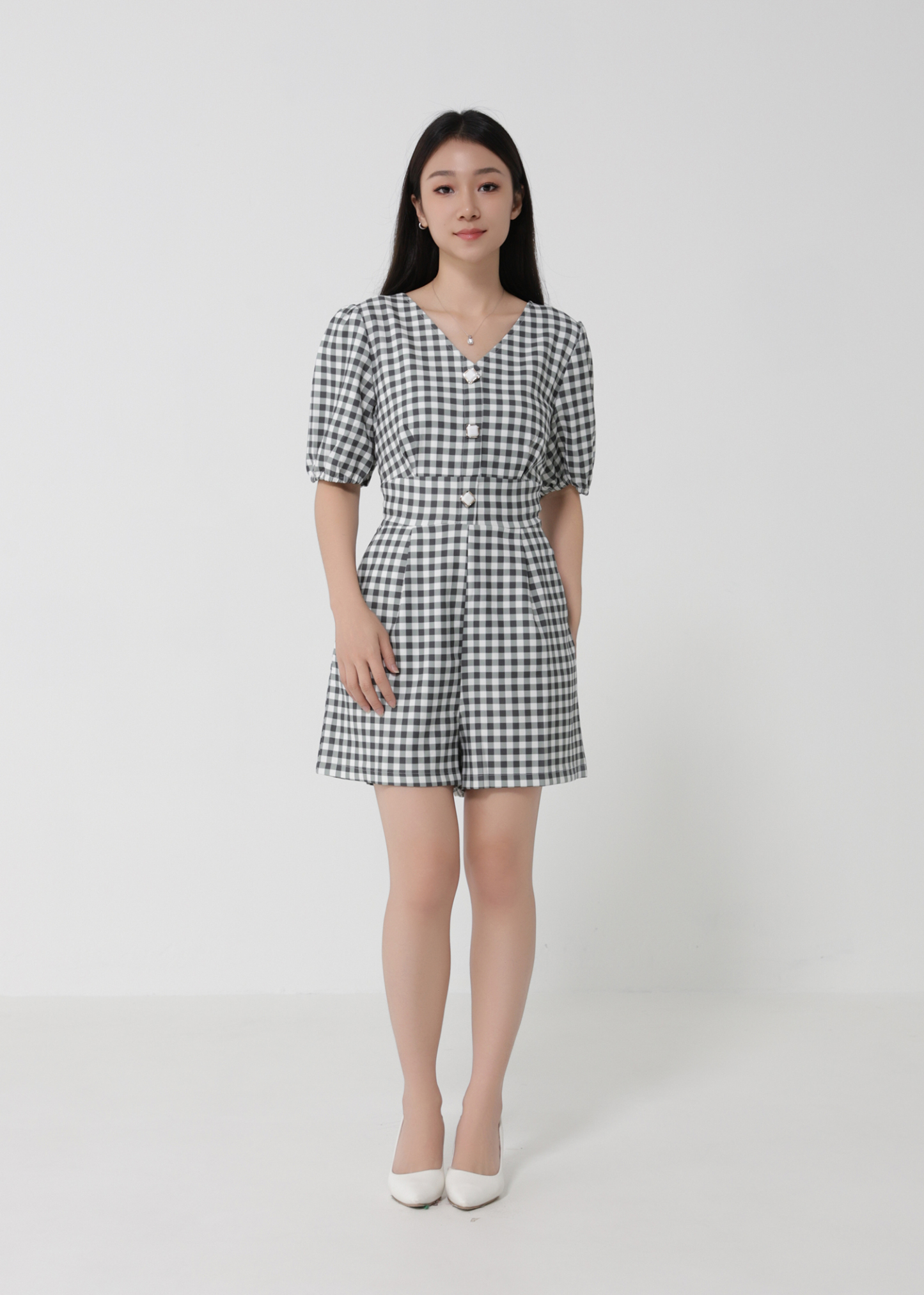 V Neckpuff Sleeve Checker Jumpsuit 23399