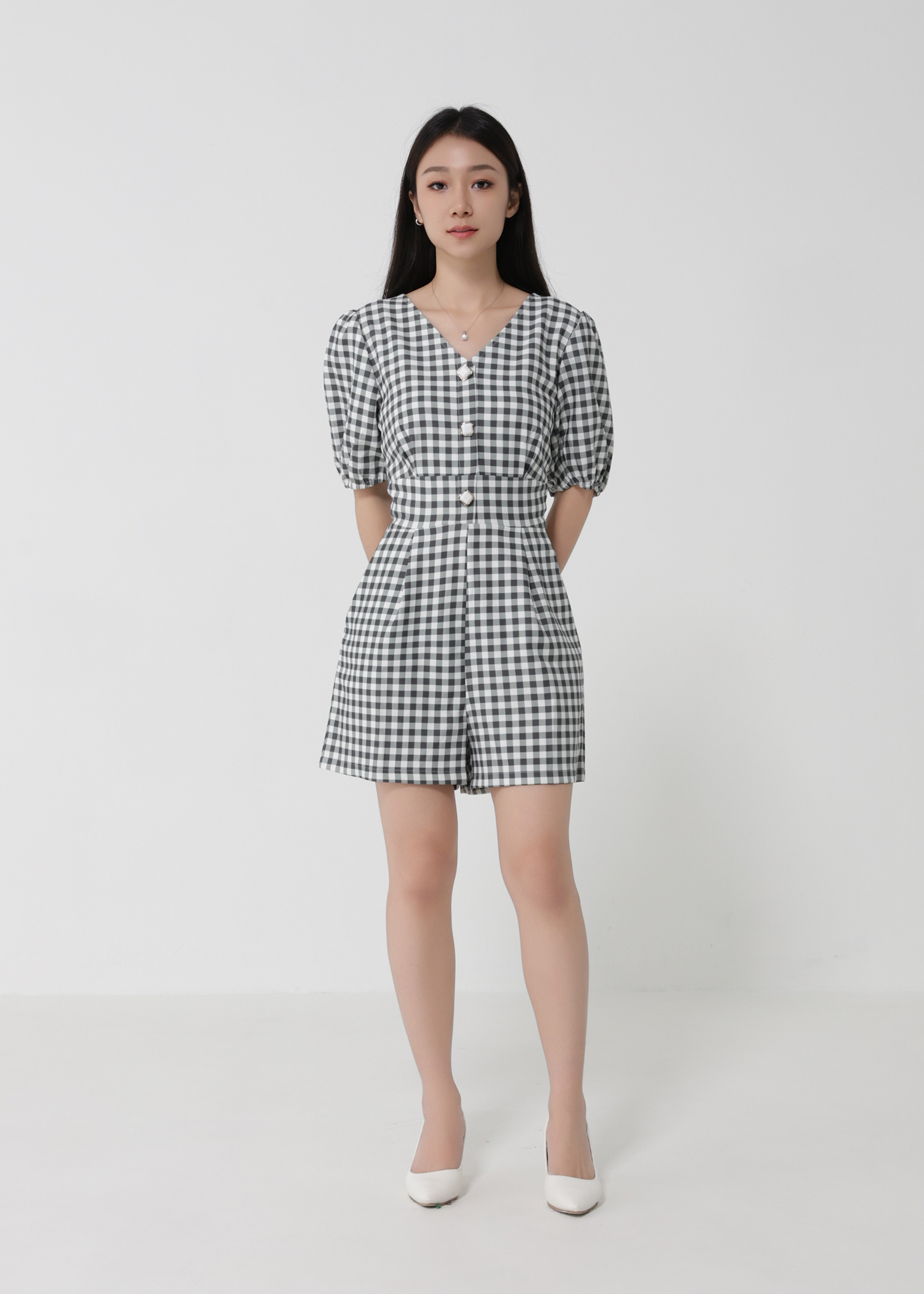 V Neckpuff Sleeve Checker Jumpsuit 23399