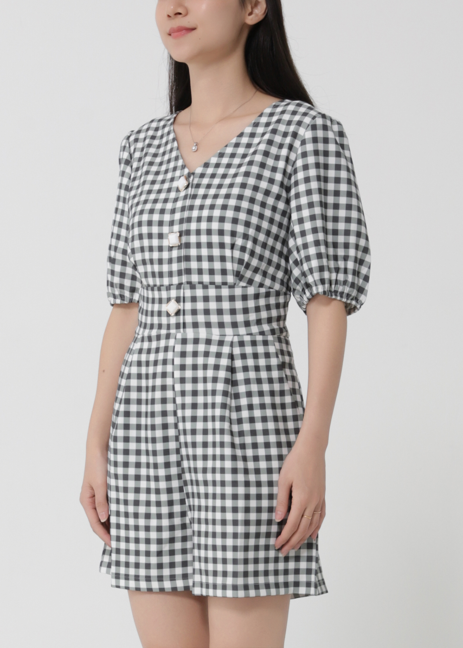 V Neckpuff Sleeve Checker Jumpsuit 23399
