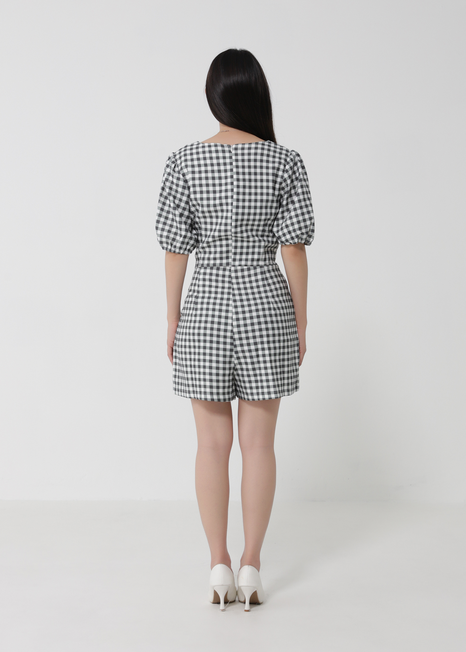 V Neckpuff Sleeve Checker Jumpsuit 23399