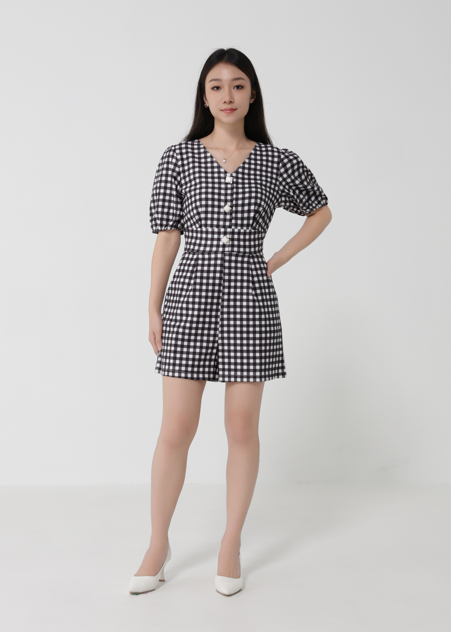V Neckpuff Sleeve Checker Jumpsuit 23399