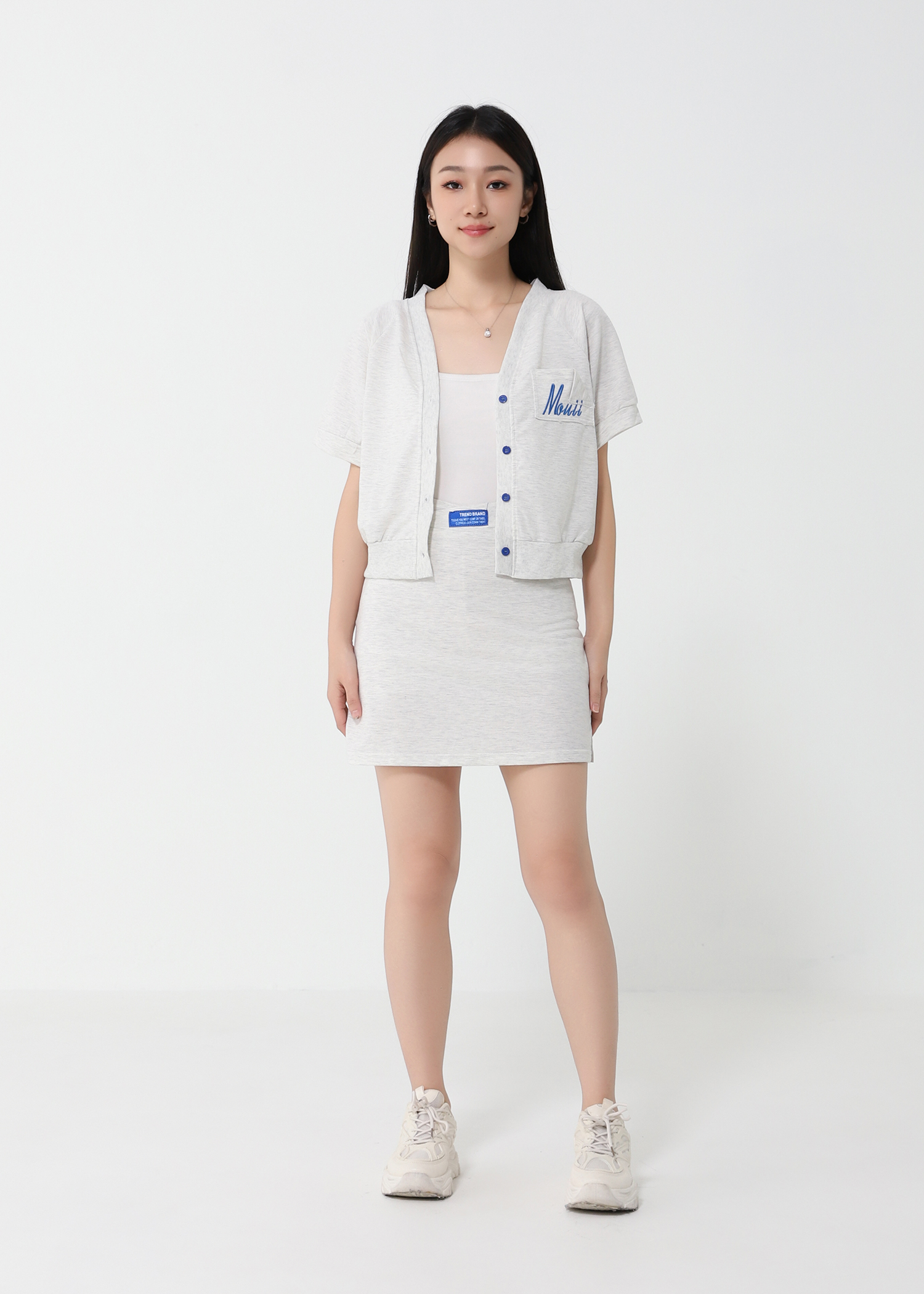 V Neck Short Sleeve Top With Plain Skirt Set 23668