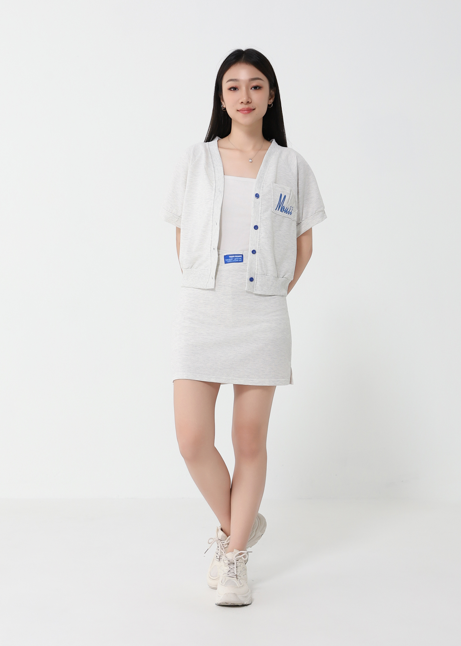 V Neck Short Sleeve Top With Plain Skirt Set 23668