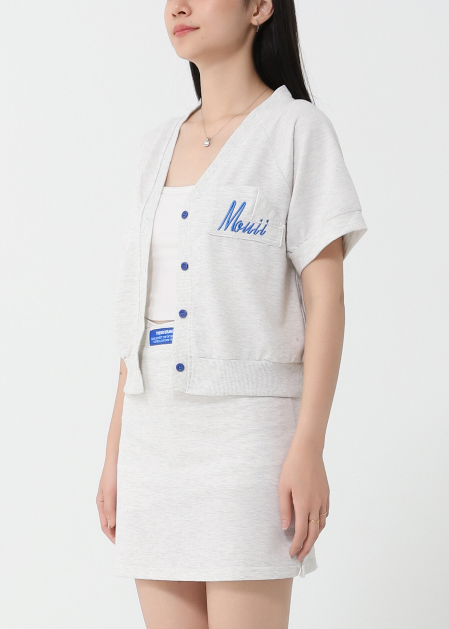 V Neck Short Sleeve Top With Plain Skirt Set 23668
