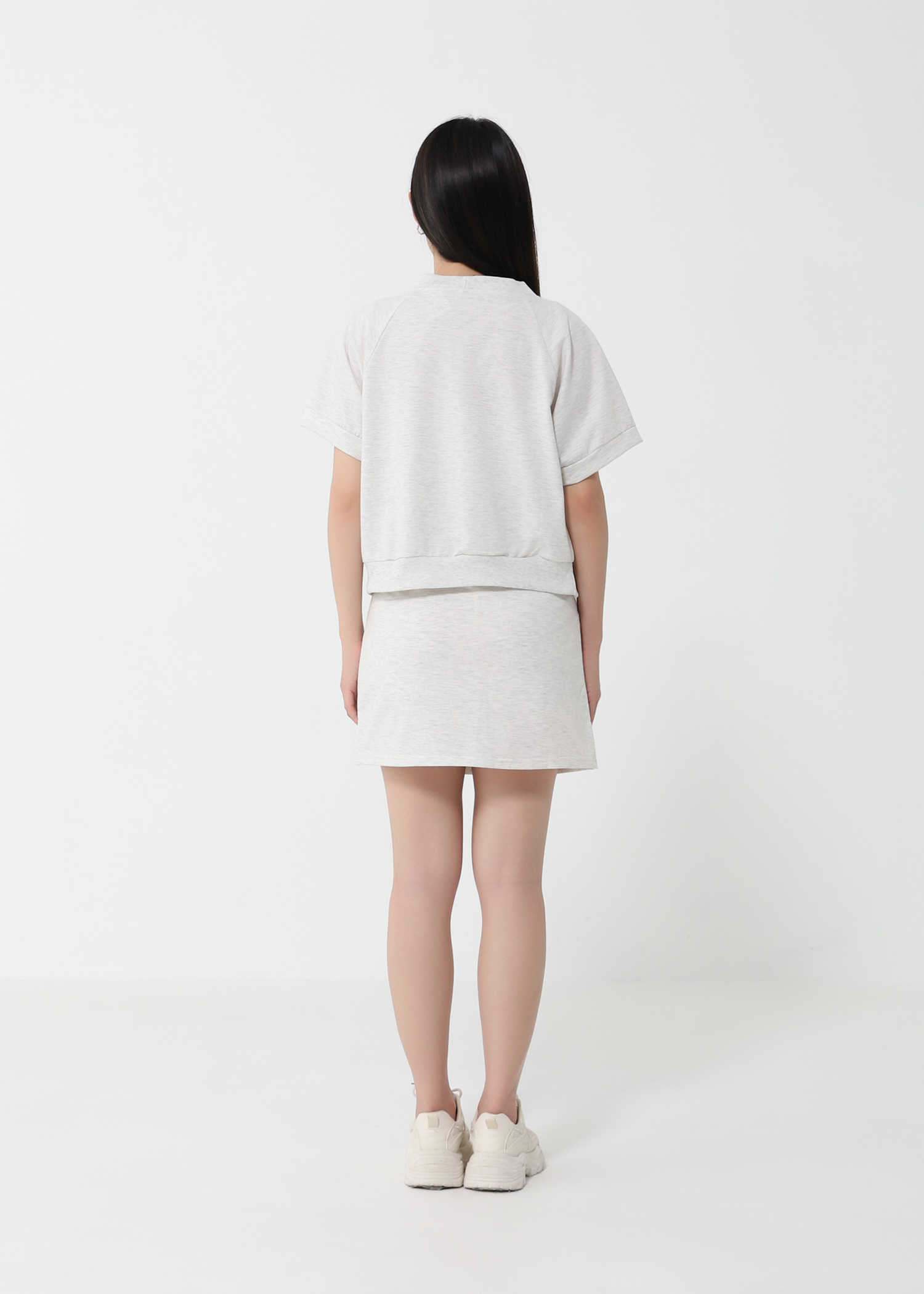 V Neck Short Sleeve Top With Plain Skirt Set 23668