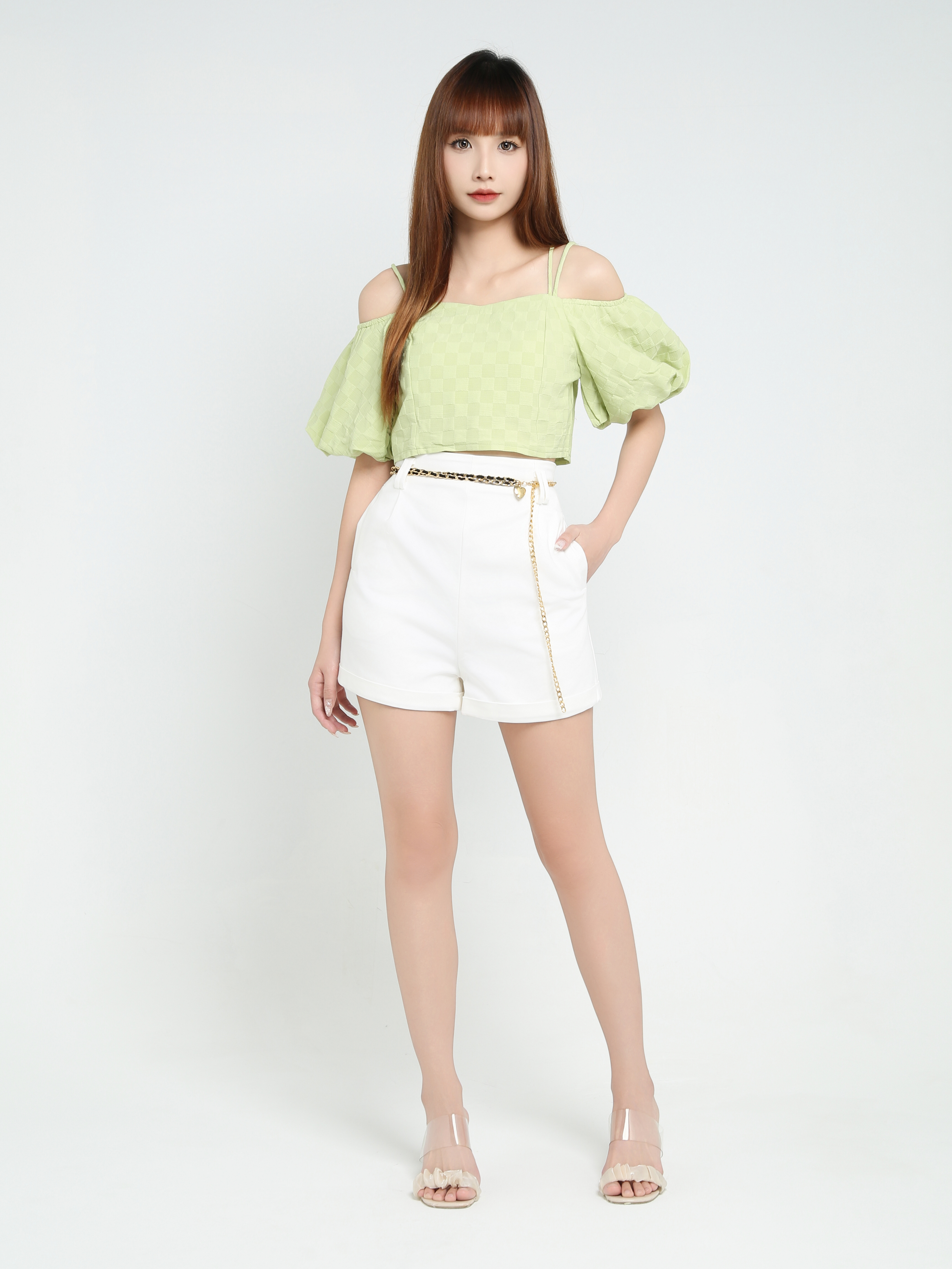 Check Off Shoulder With Strap Top 23908