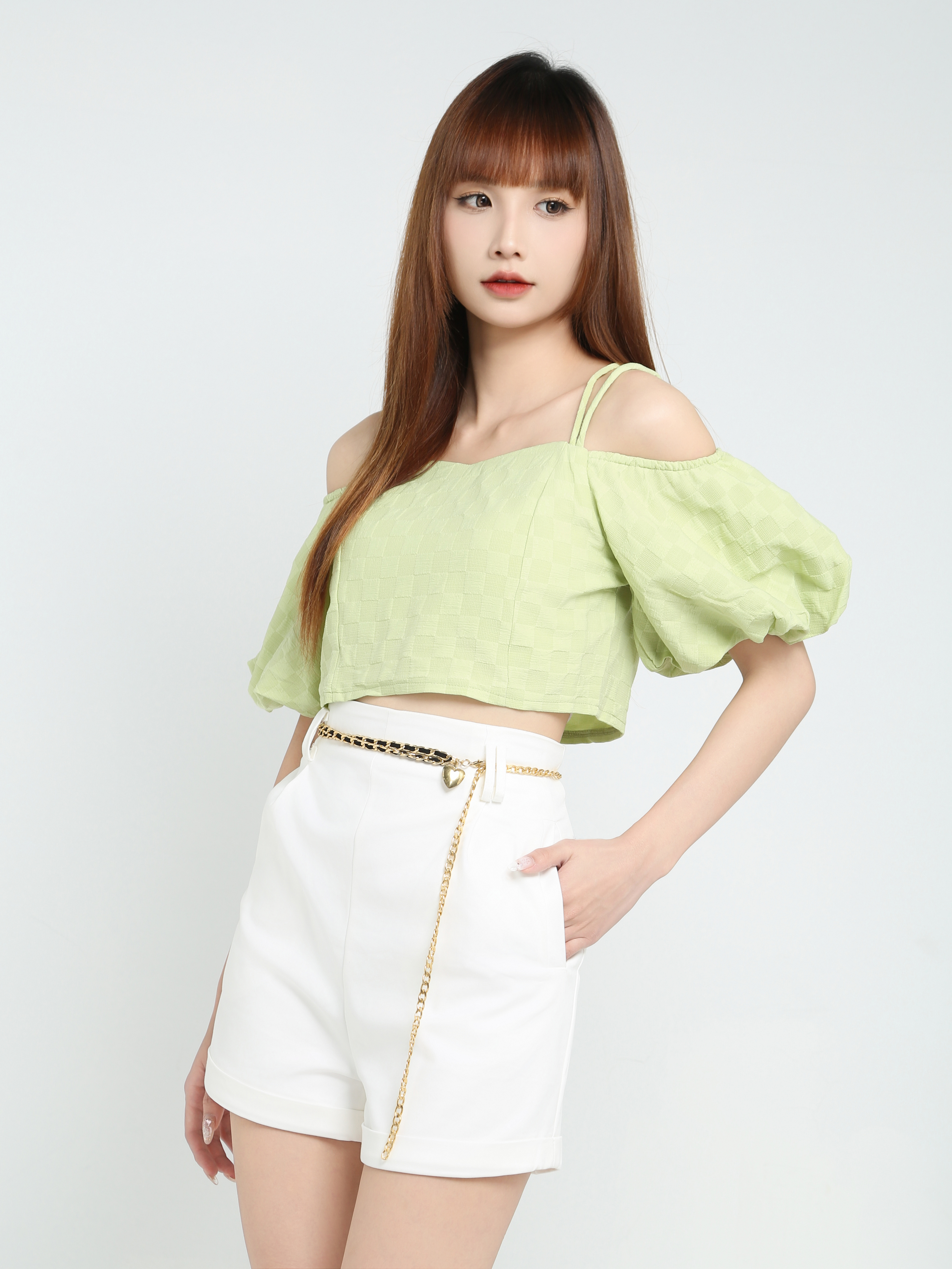 Check Off Shoulder With Strap Top 23908