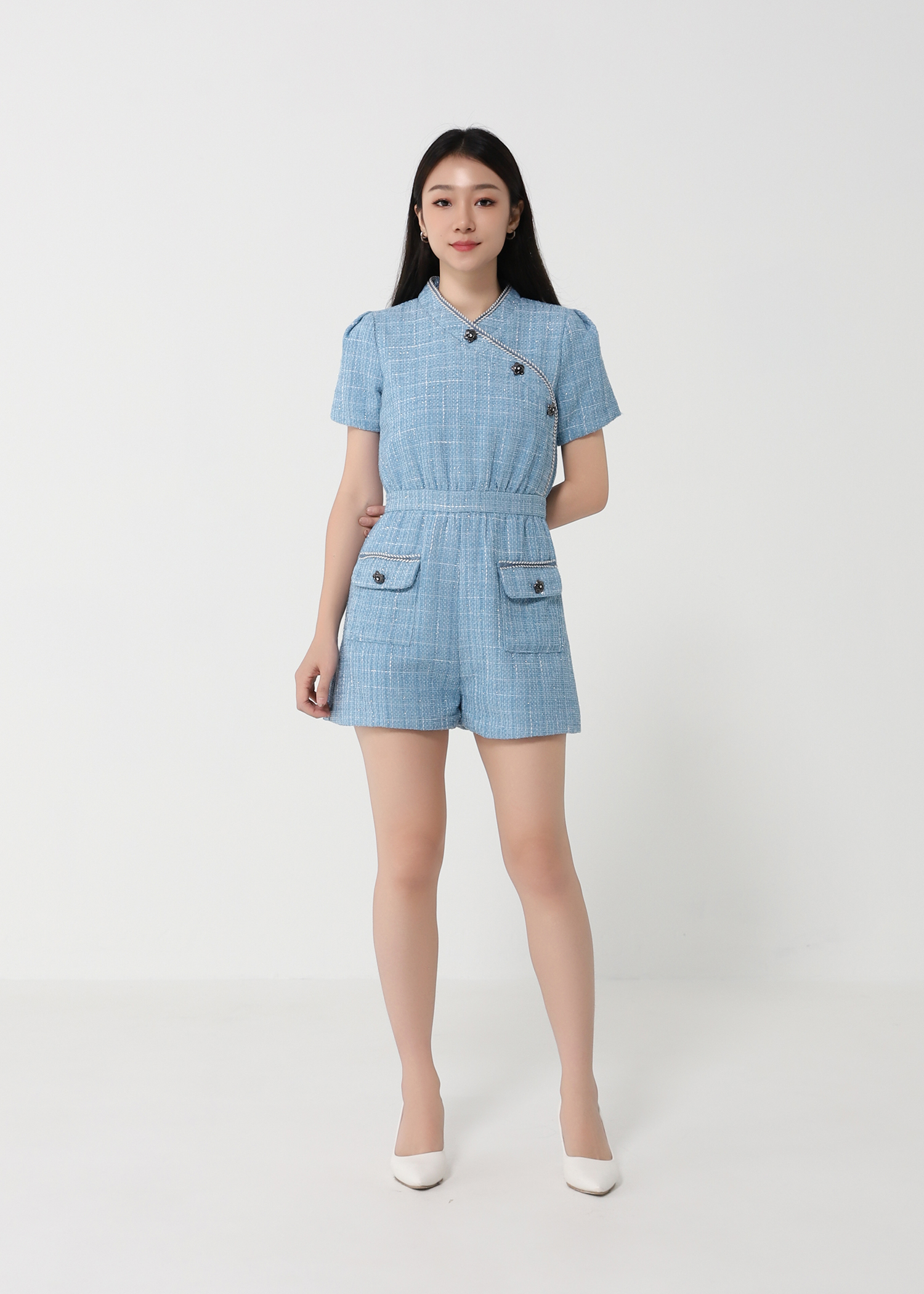 Plaid Chanel Style Side Button Jumpsuit 24142