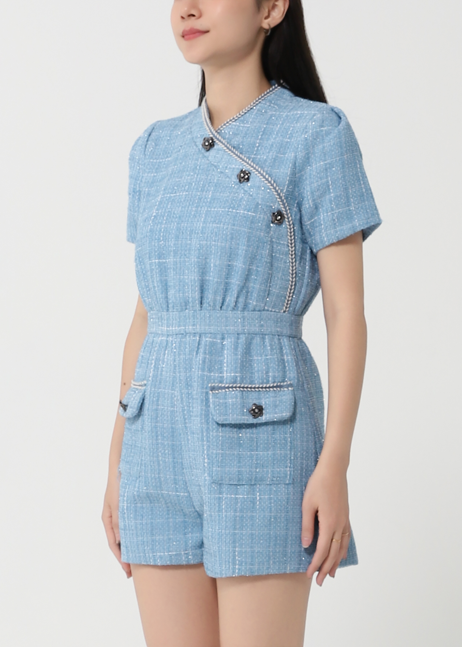 Plaid Chanel Style Side Button Jumpsuit 24142