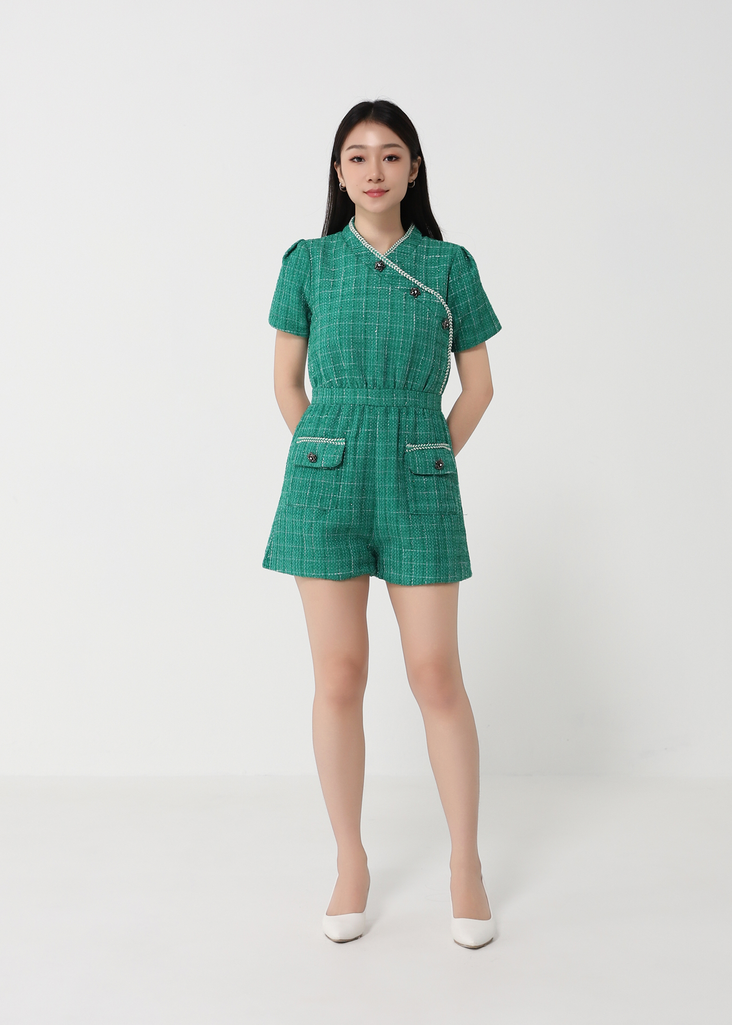 Plaid Chanel Style Side Button Jumpsuit 24142