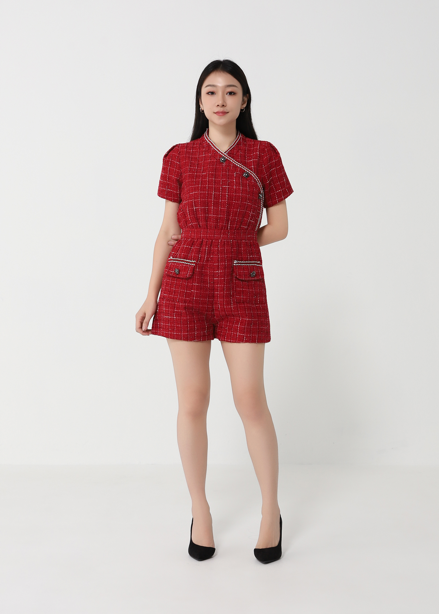 Plaid Chanel Style Side Button Jumpsuit 24142