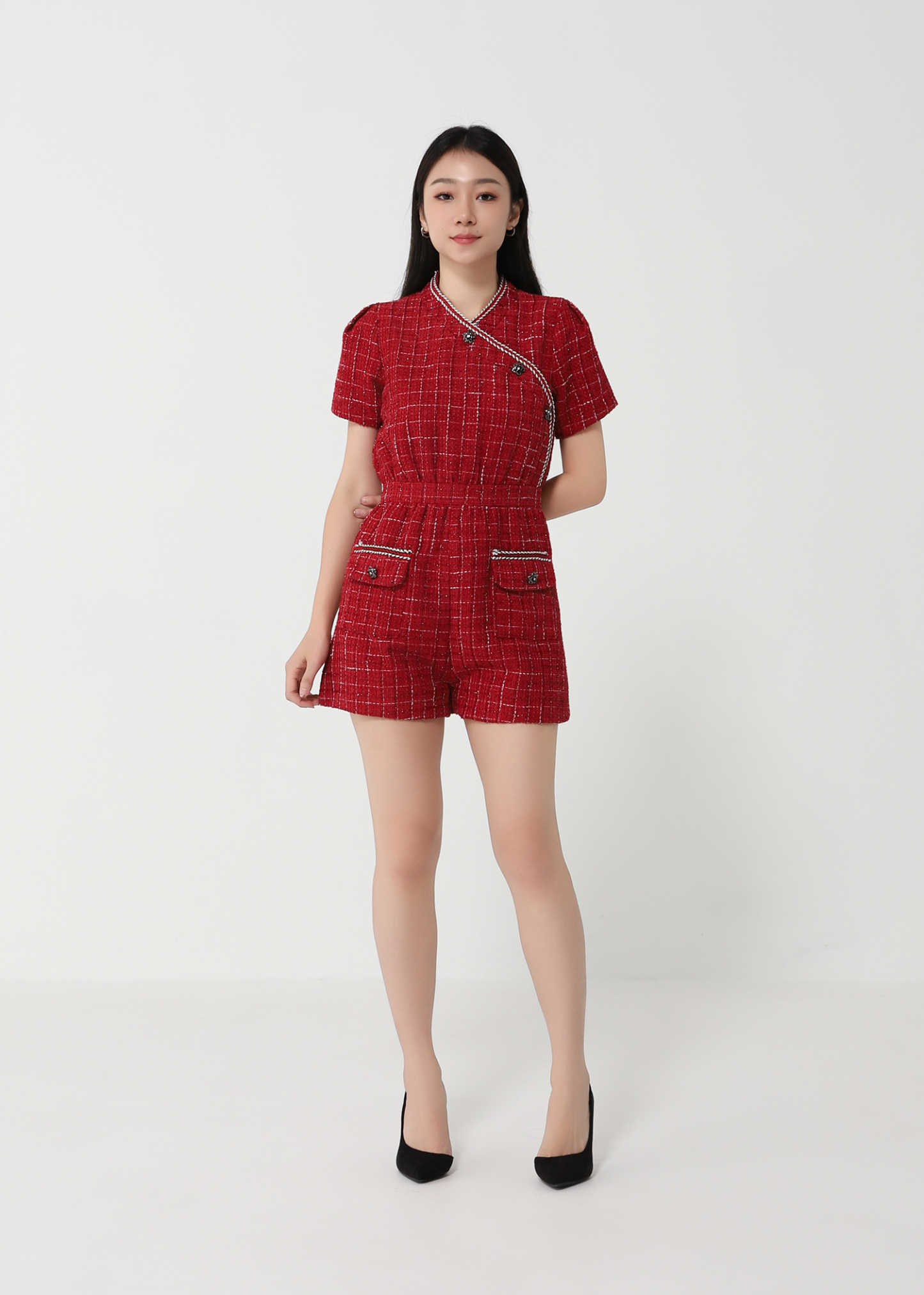 Plaid Chanel Style Side Button Jumpsuit 24142