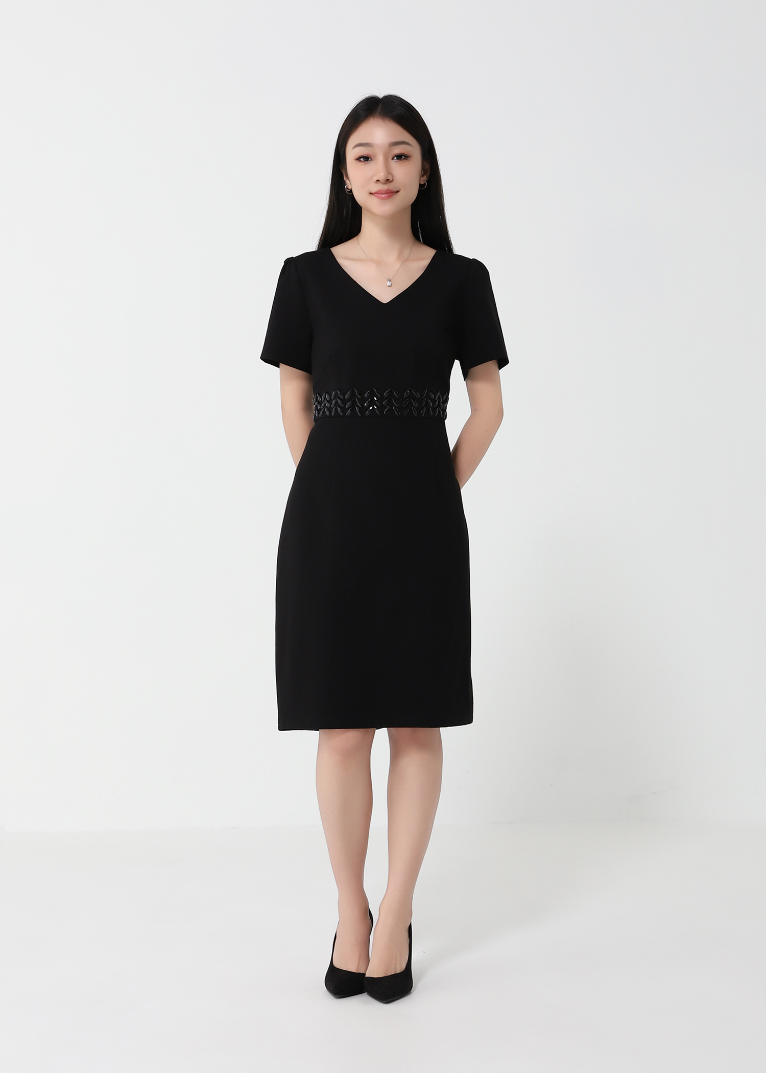 Waist Decorative Diamond V Neck Dress 24403