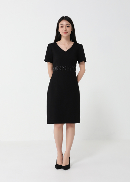 Waist Decorative Diamond V Neck Dress 24403