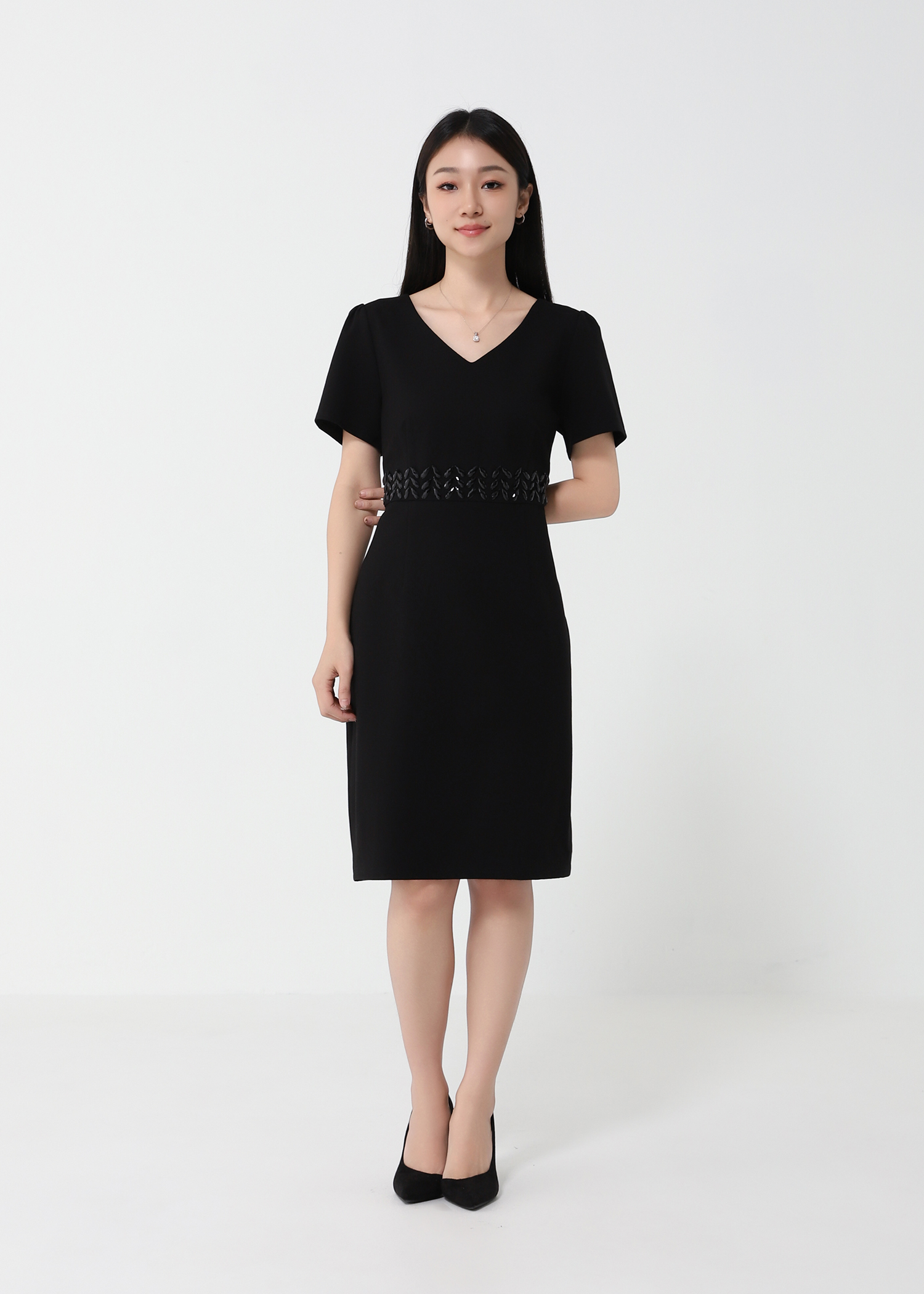 Waist Decorative Diamond V Neck Dress 24403