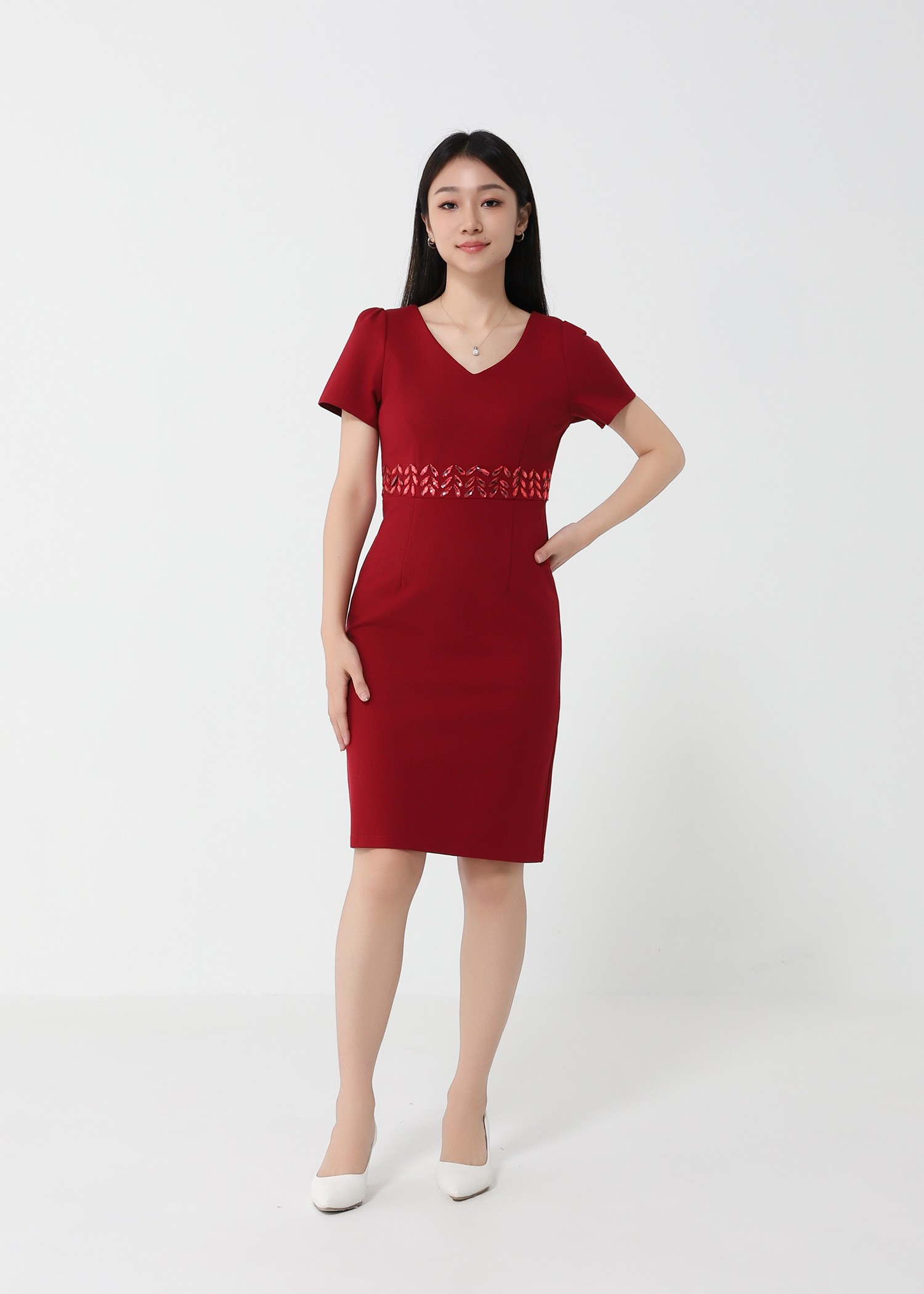Waist Decorative Diamond V Neck Dress 24403