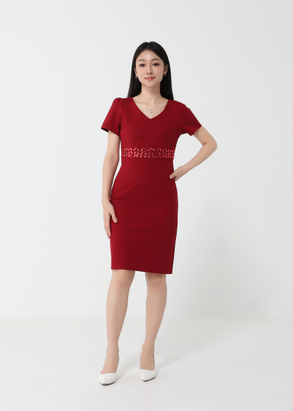 Waist Decorative Diamond V Neck Dress 24403