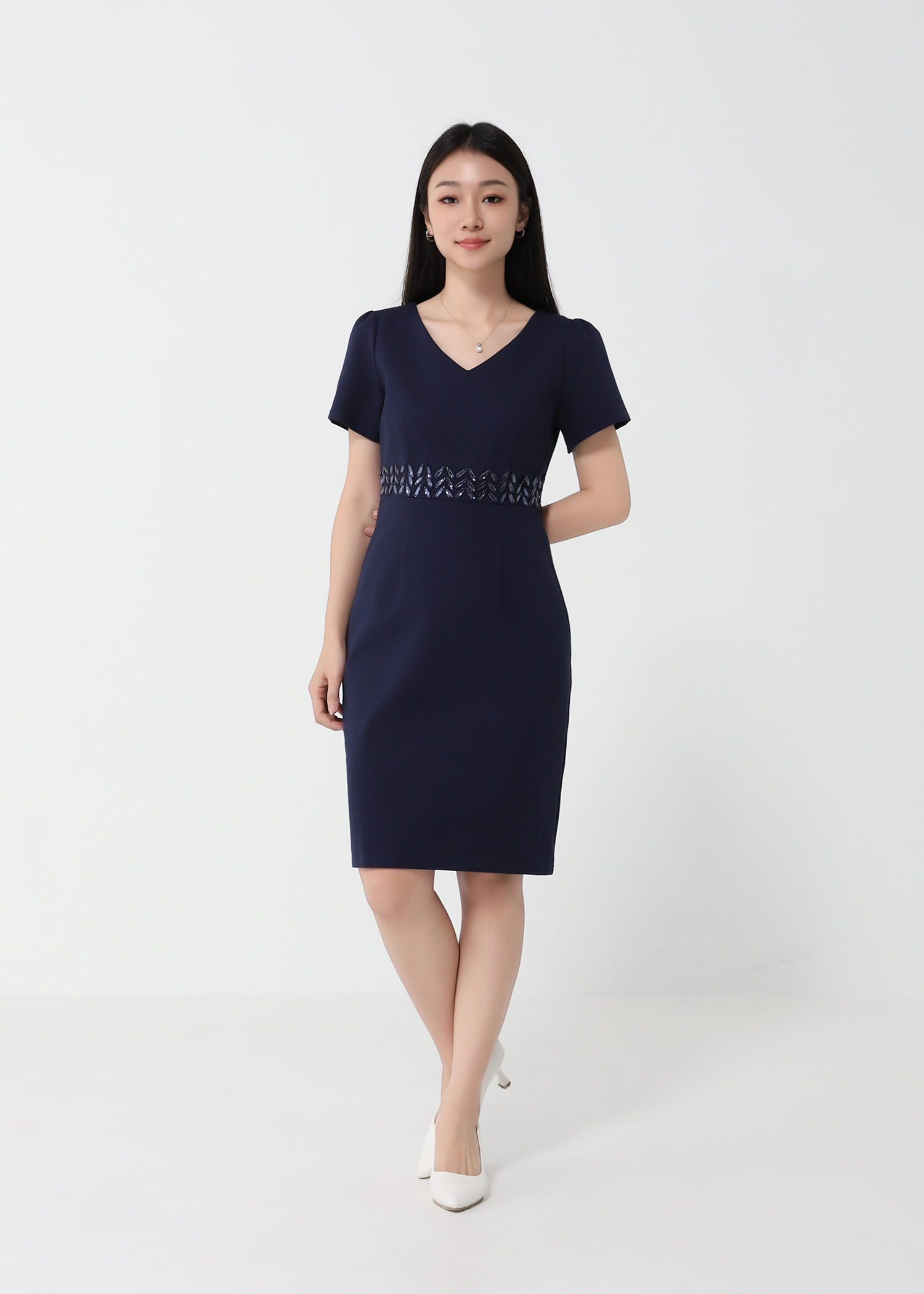 Waist Decorative Diamond V Neck Dress 24403