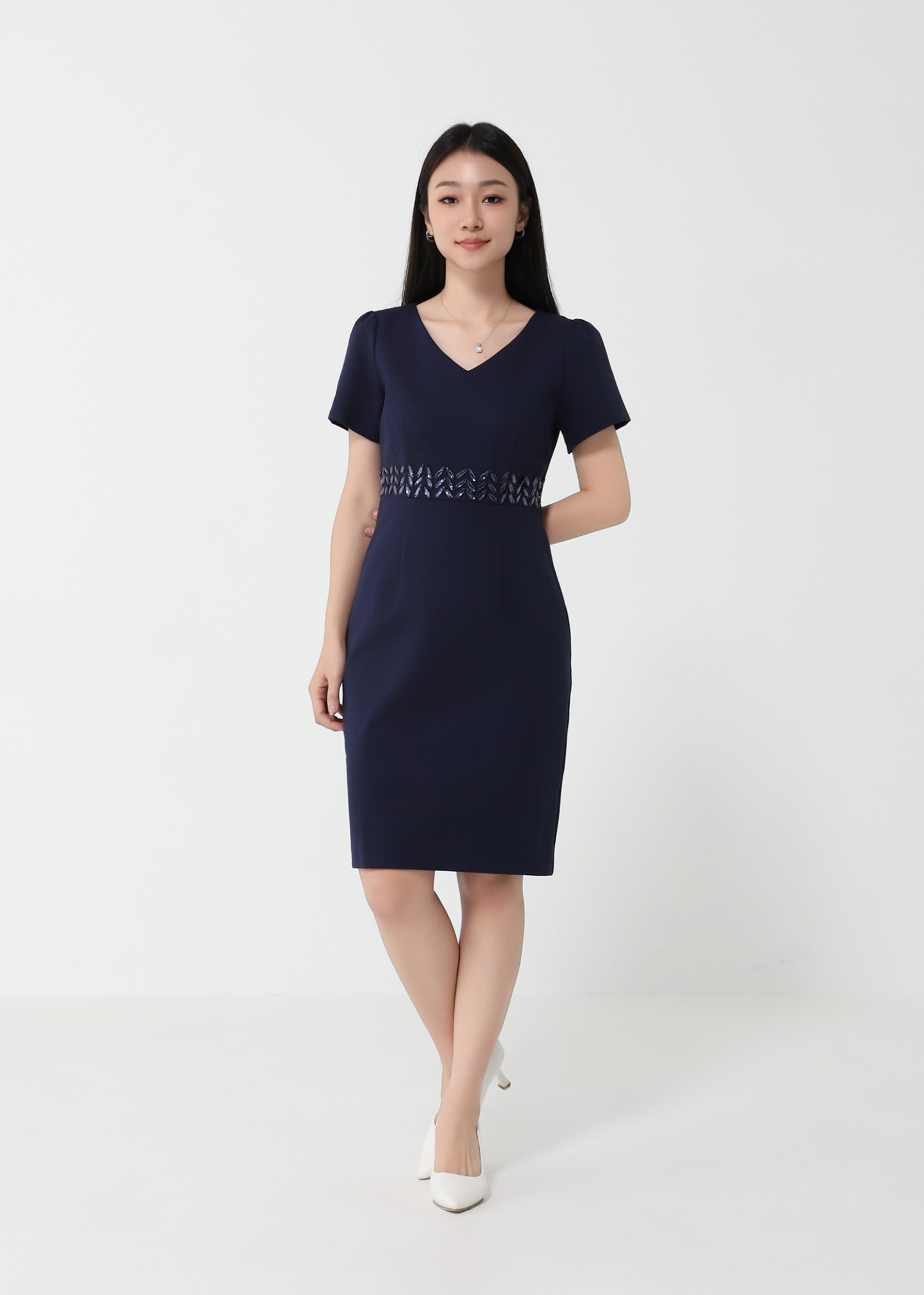 Waist Decorative Diamond V Neck Dress 24403