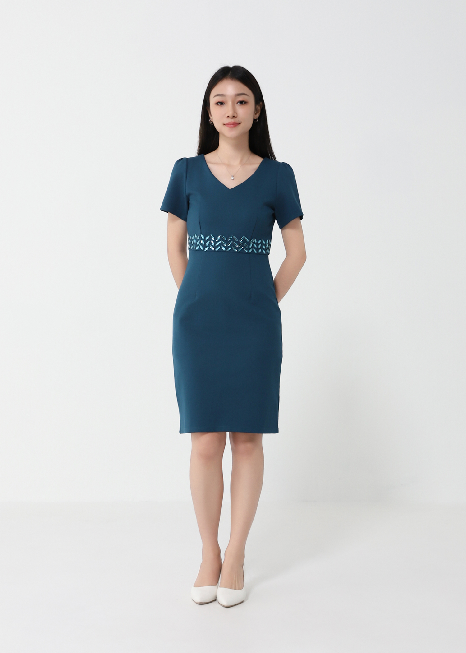 Waist Decorative Diamond V Neck Dress 24403
