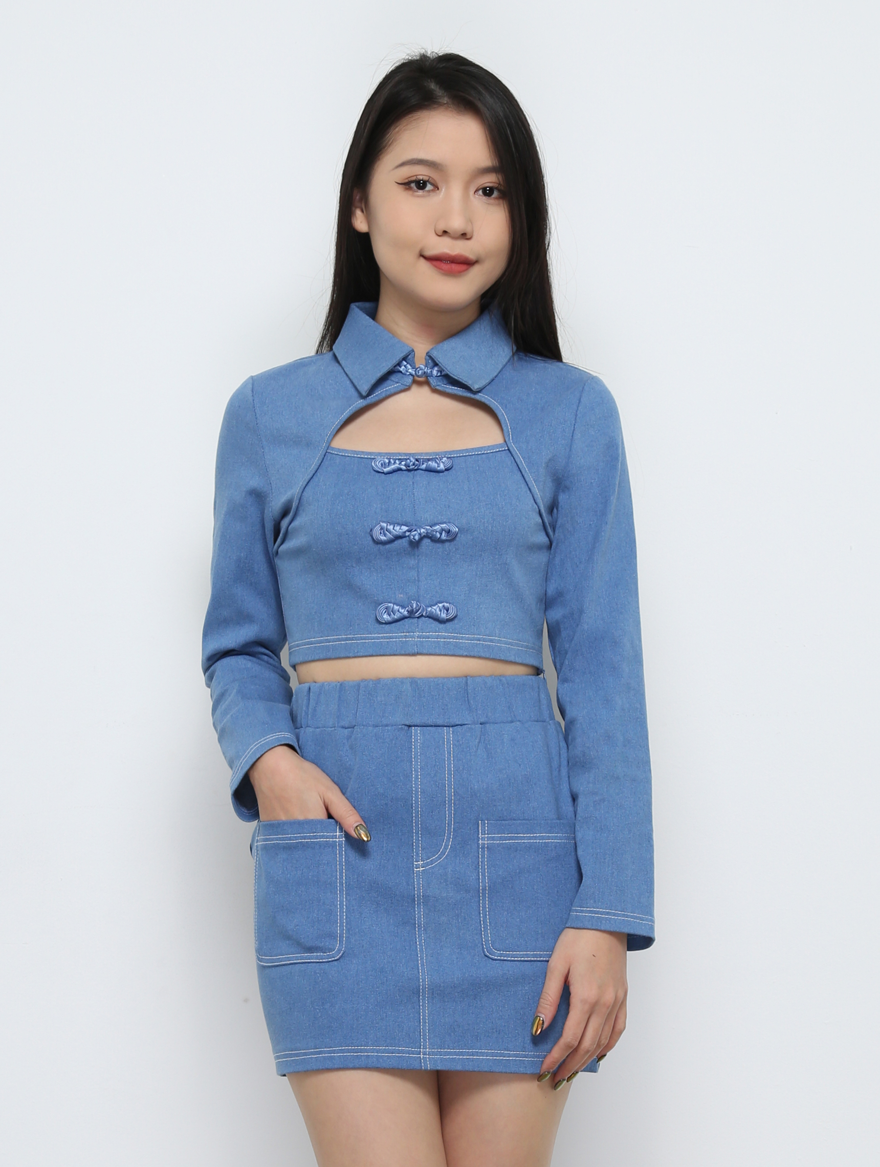 Denim Front Hole Chinese Button Long Sleeve Top With Skirt Set 25223