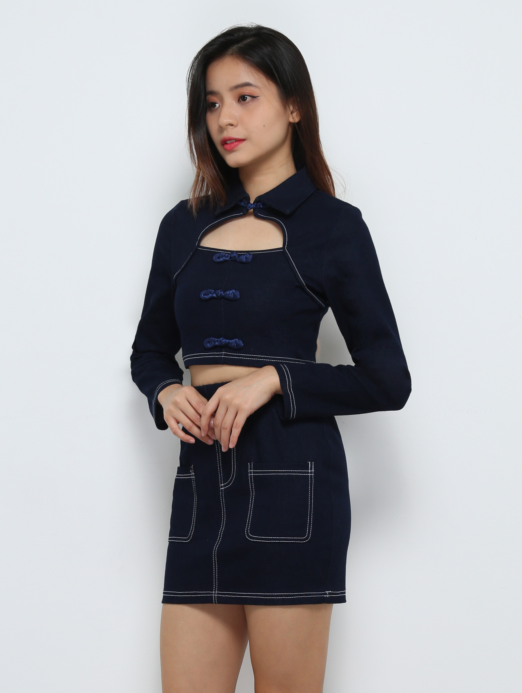 Denim Front Hole Chinese Button Long Sleeve Top With Skirt Set 25223