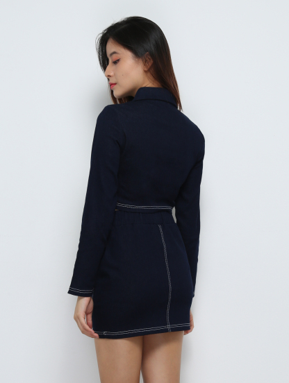 Denim Front Hole Chinese Button Long Sleeve Top With Skirt Set 25223