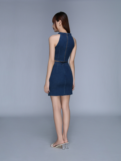 Denim Halter Top With Skirt Set 25563