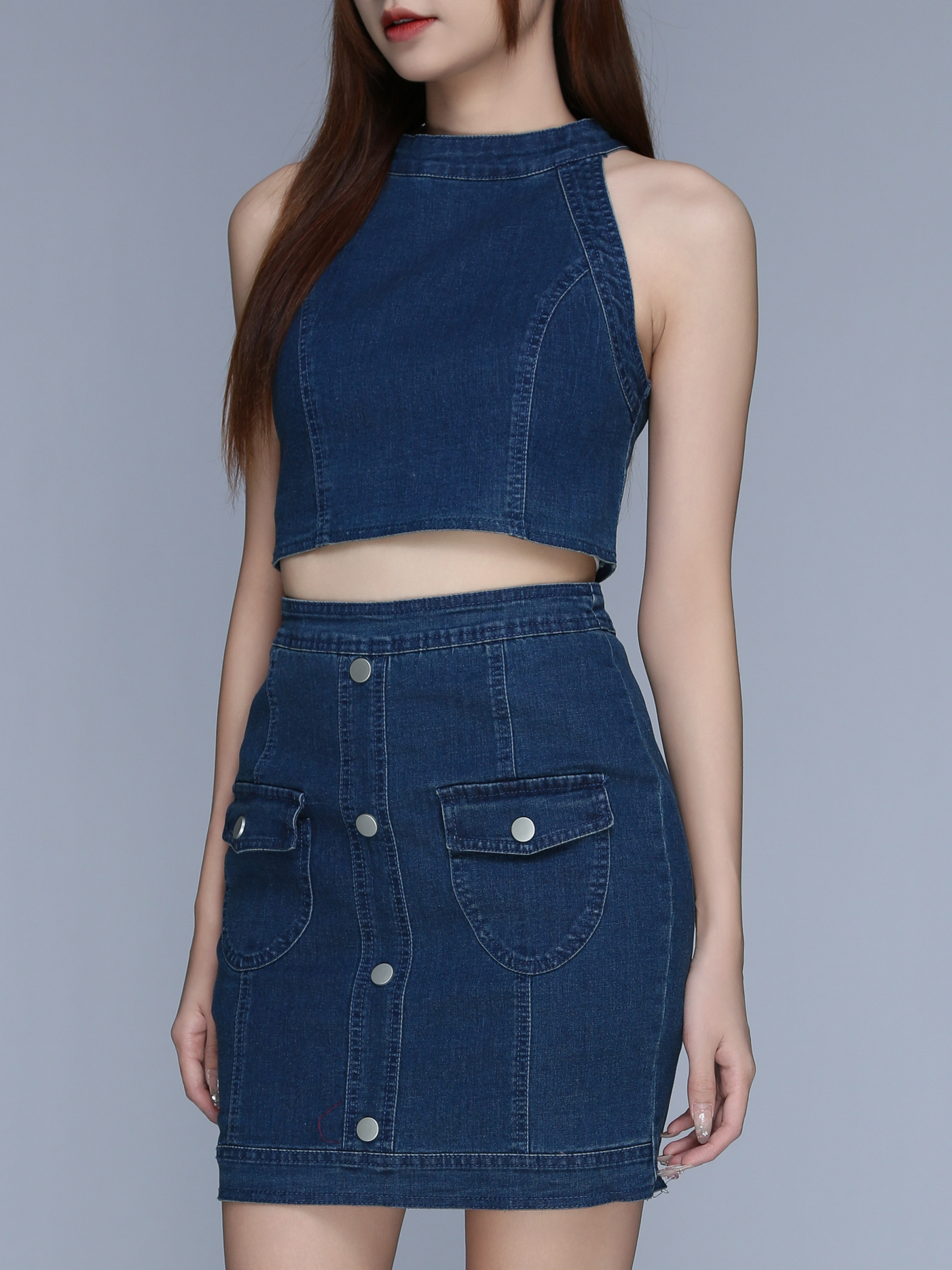 Denim Halter Top With Skirt Set 25563