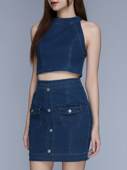 Denim Halter Top With Skirt Set 25563