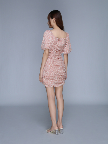 Floral Off Shoulder Side Pleated Dress 25607