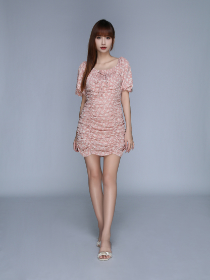 Floral Off Shoulder Side Pleated Dress 25607