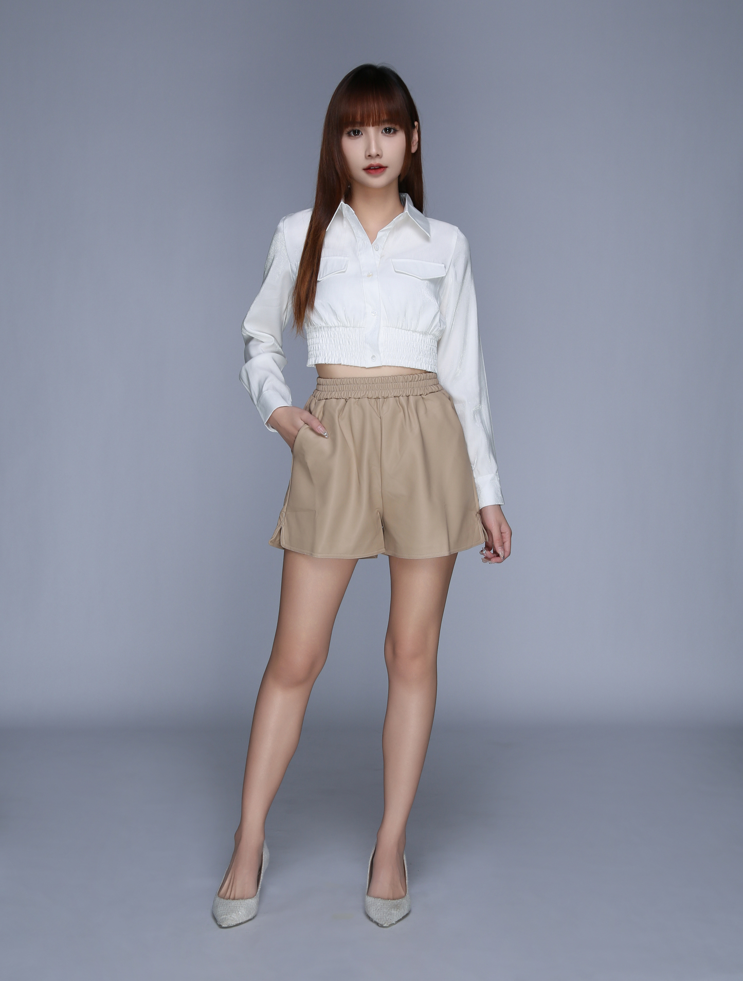 Long Sleeve Front Button Waist Stretchable Top 25666