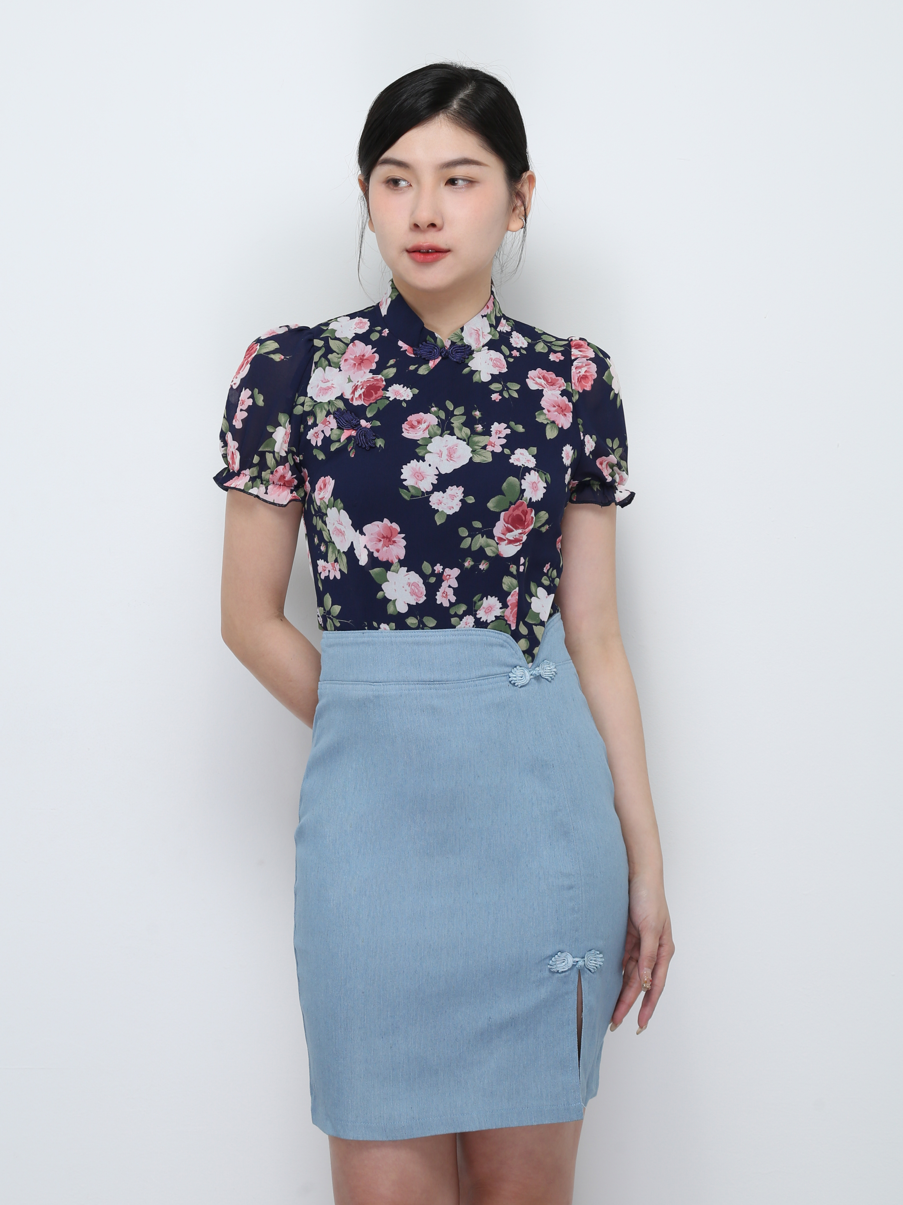 Cheongsam Floral Top With Denim Skirt Set 25794
