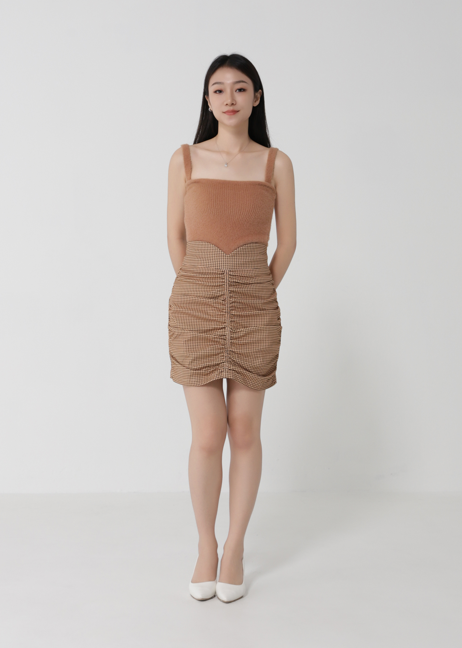 High Waist Checker Middle Pleated Skirt 22366