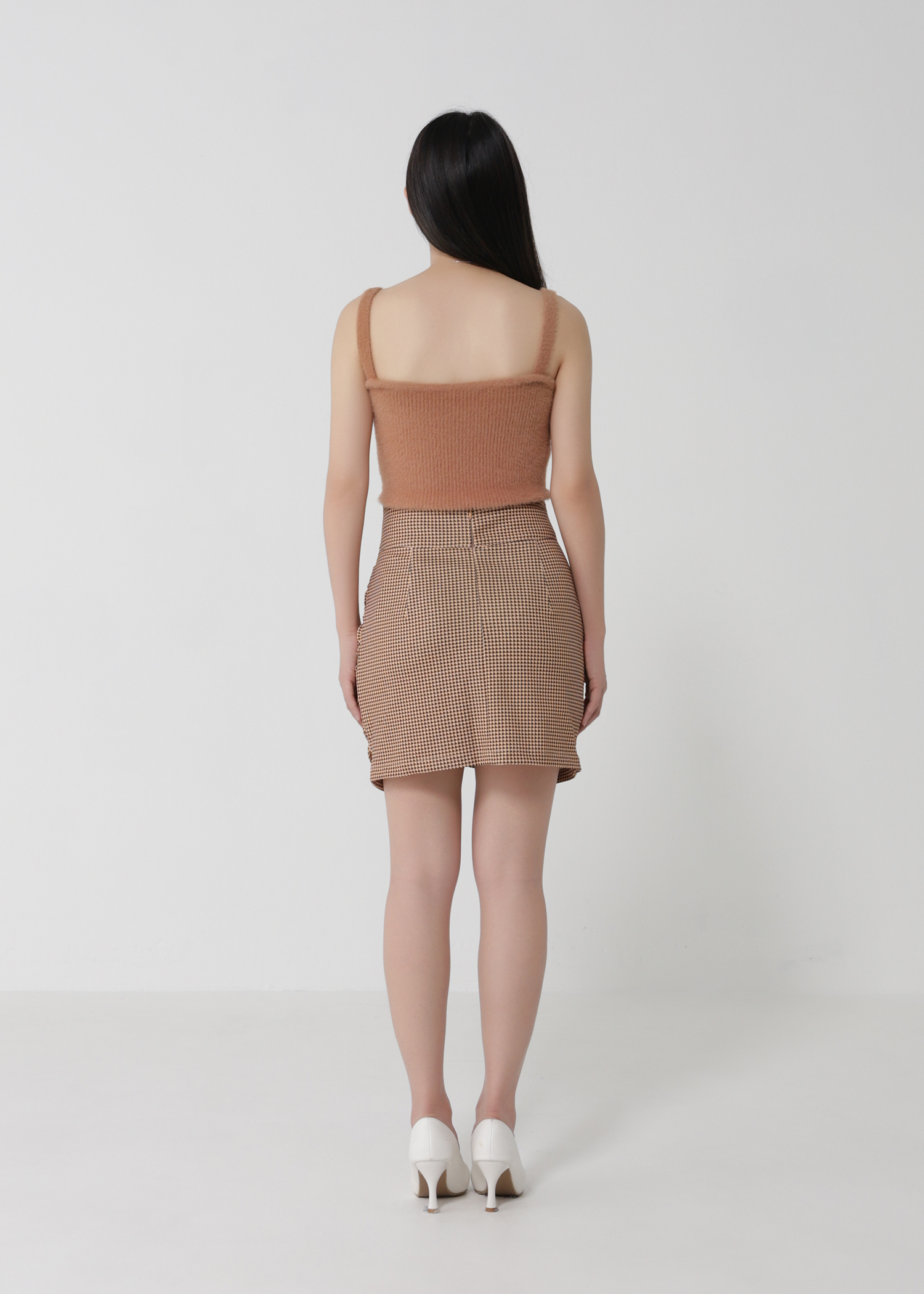 High Waist Checker Middle Pleated Skirt 22366