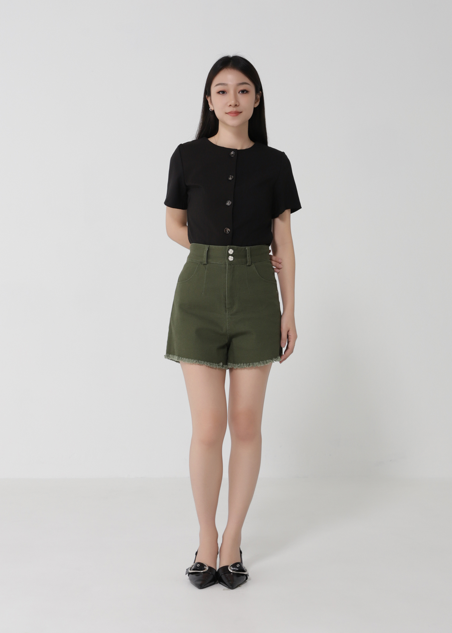 High Waist Side Pocket Ripped Short Pants 24314