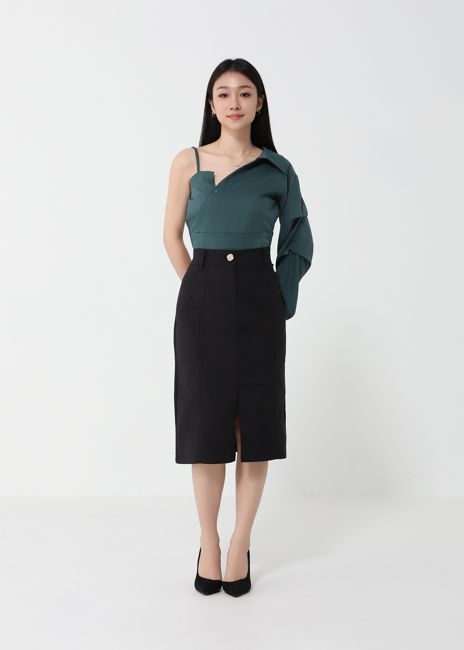 Front Button And Pocket Long Skirt 25848