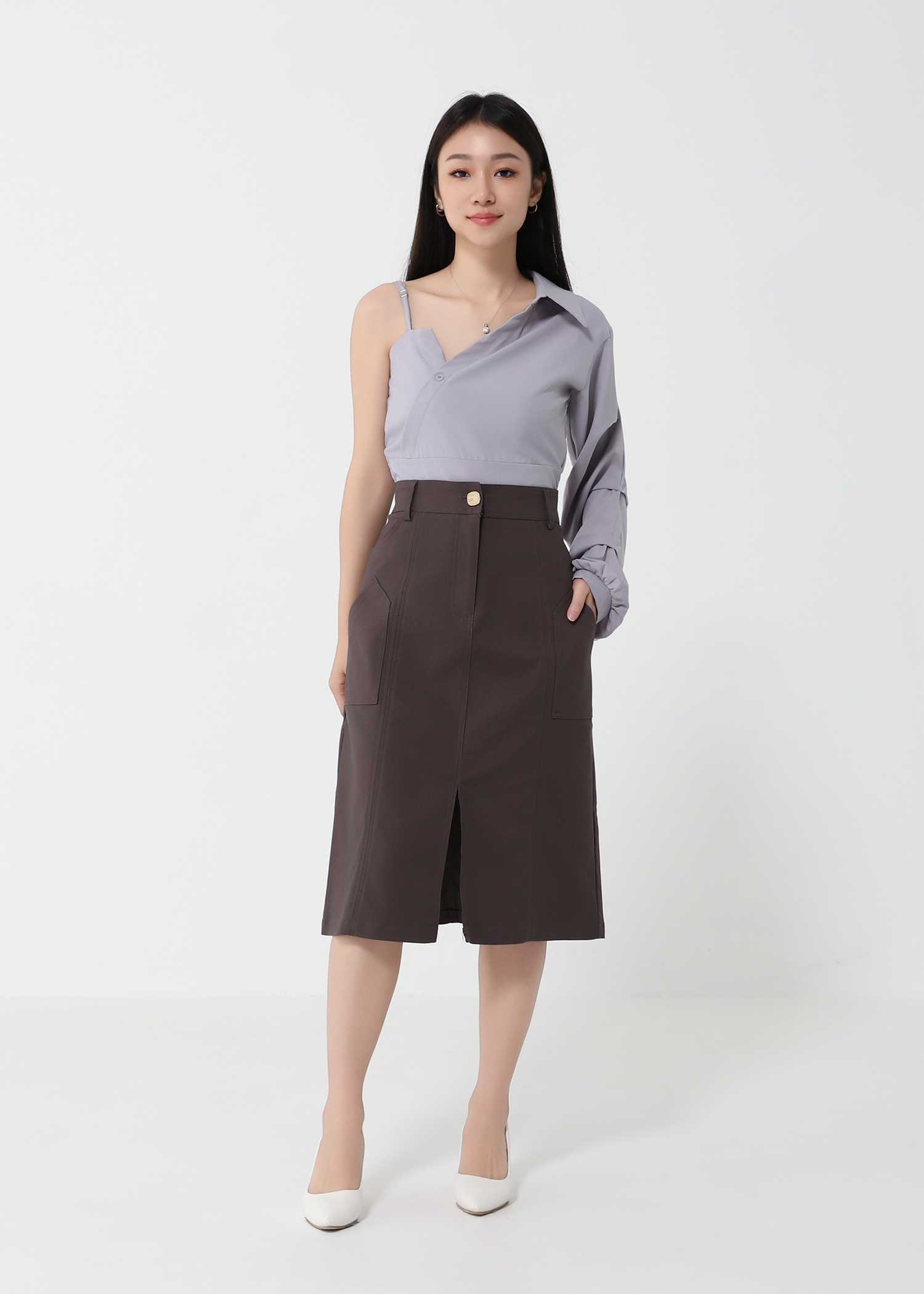 Sloping Shoulder Long Sleeve With One Side Off Shoulder Top 26339