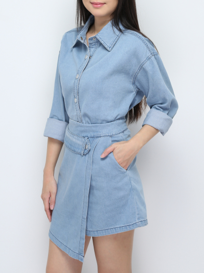 Denim Outerwear With Skirt Pants Set 28029