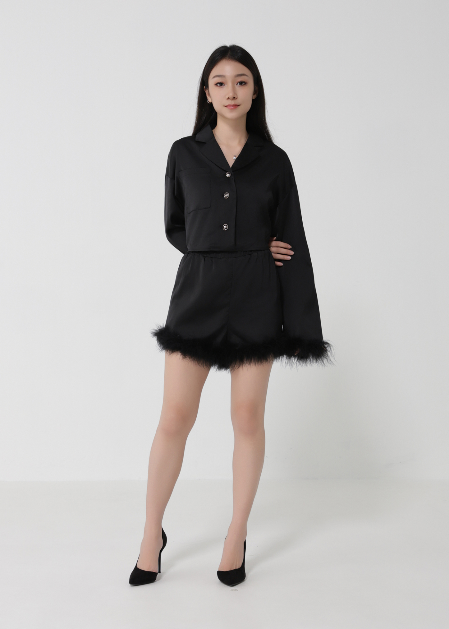 Formal Fur Blazer With Short Pants Set 28083