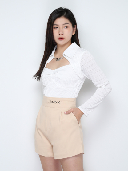 Collar Long Sleeve Decorative Necklace Top 28097