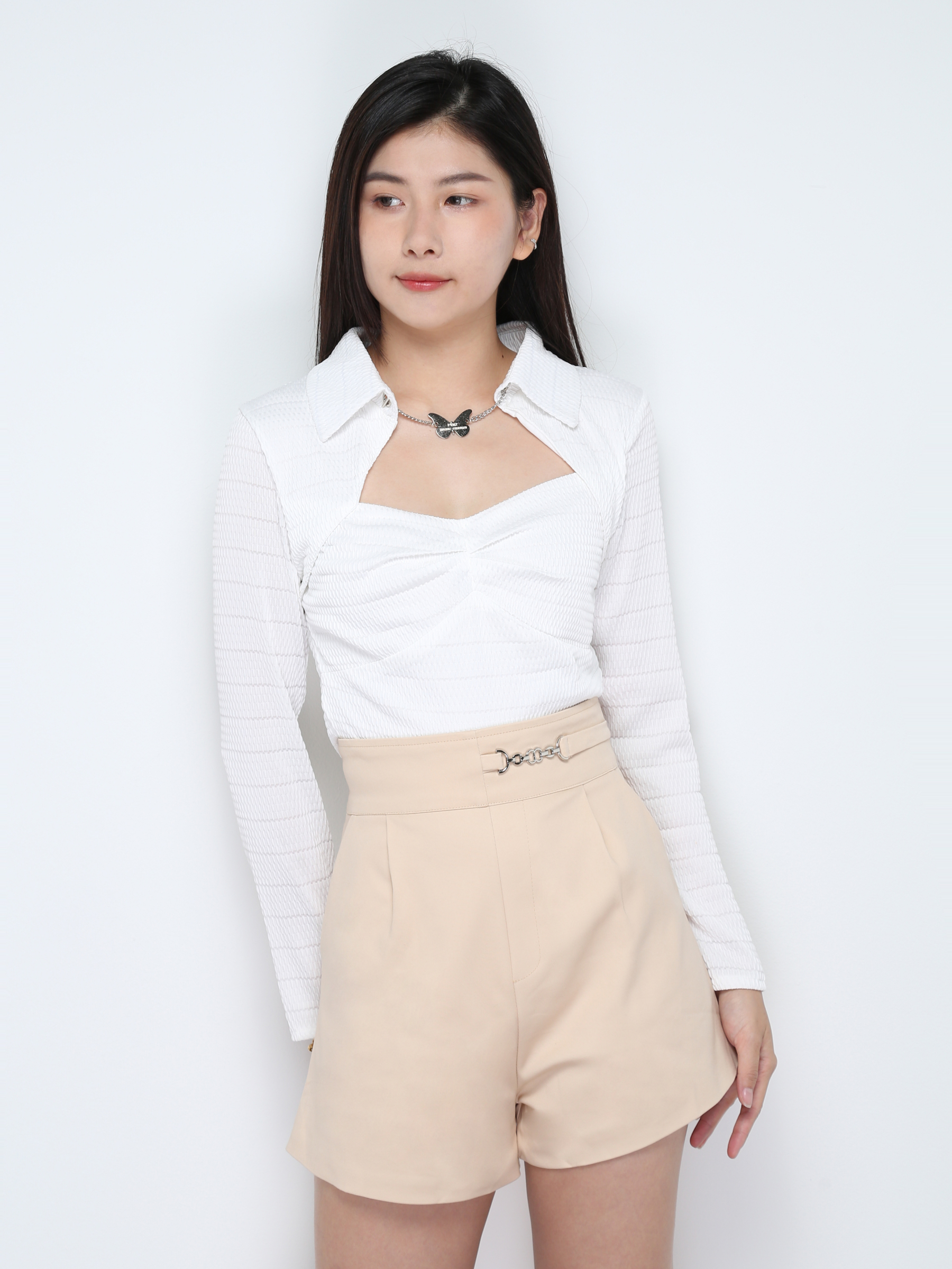 Collar Long Sleeve Decorative Necklace Top 28097